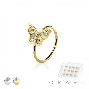 12PCS OF CZ PRONG GEM PAVED BUTTERFLY 316L SURGICAL STEEL O-RING NOSE HOOP BOX